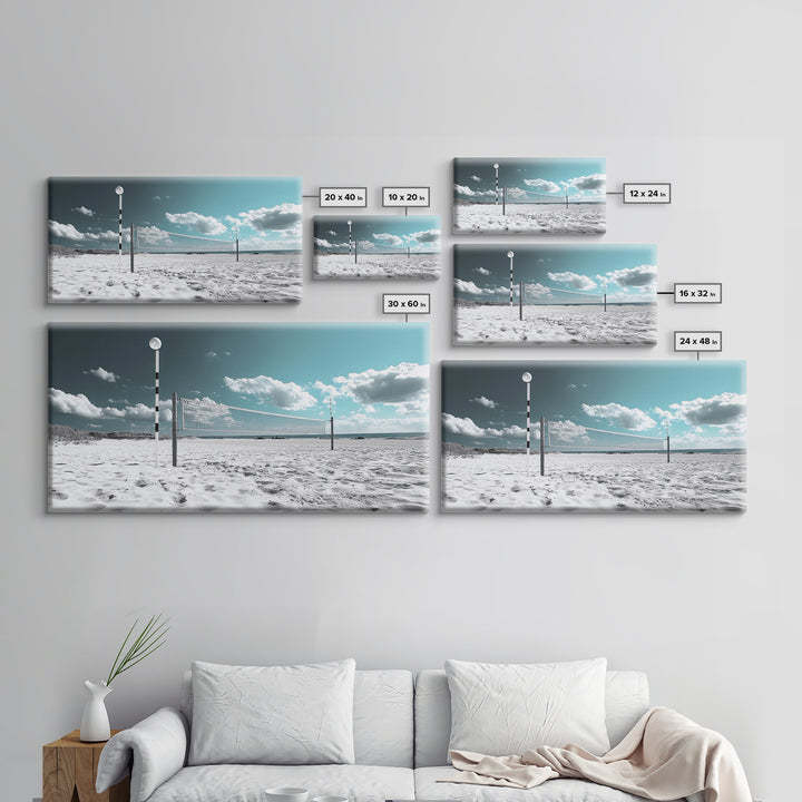 Beach Volleyball, Summer Sport, Minimalist Beach Scene, Sky Art, Framed Canvas Print, Game Room Wall Art, Coastal Modern Decor