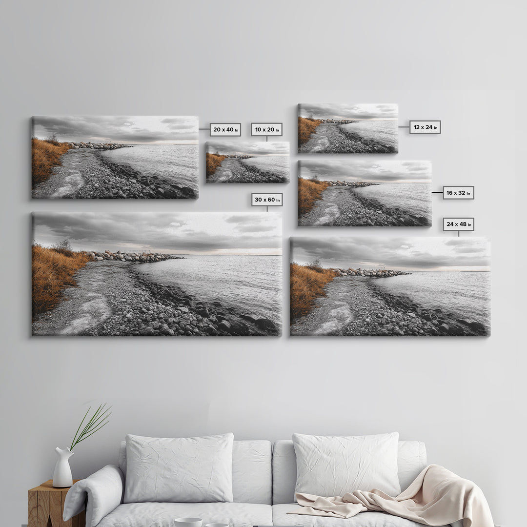 Coastal Path, Stormy Shore, Serene View, Monochrome Mood, Framed Canvas Print, Beach Wall Art, Peaceful Nature, Seaside Photography Decor