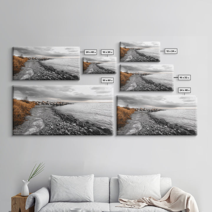 Coastal Path, Stormy Shore, Serene View, Monochrome Mood, Framed Canvas Print, Beach Wall Art, Peaceful Nature, Seaside Photography Decor