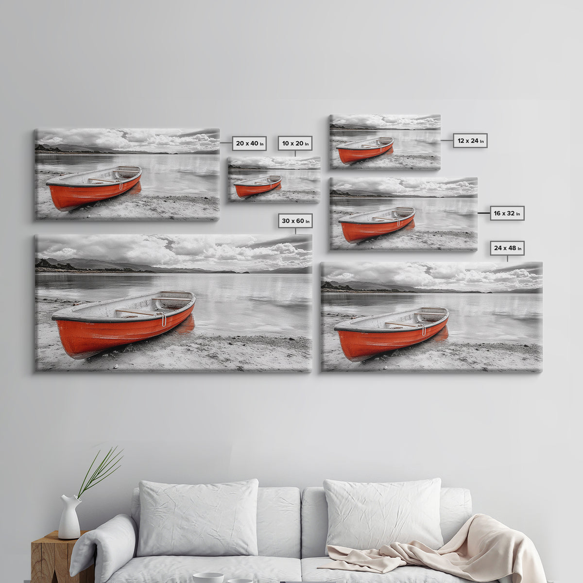 Beached Boat, Calm Waters, Cloudy Horizon, Serene Coastline, Framed Canvas Print, Coastal Wall Art, Minimalist Home Decor, Beach House