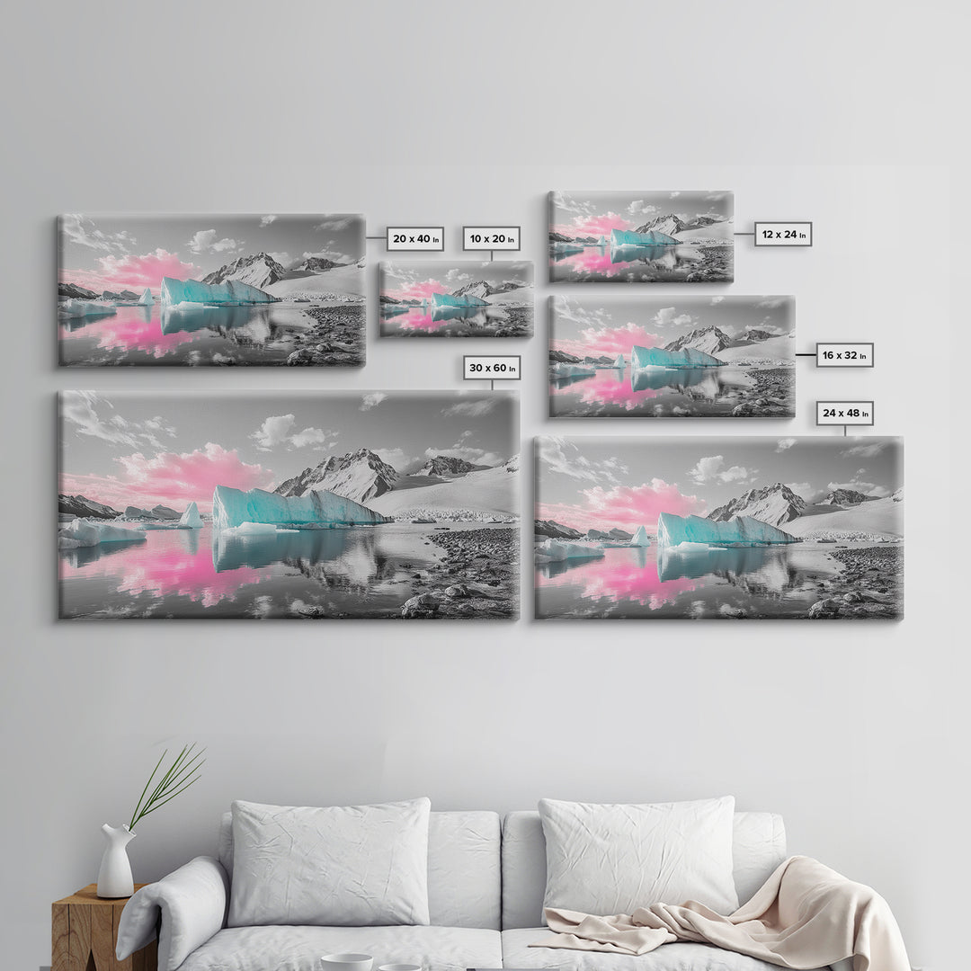 Blue Icebergs, Pink Sky, Glacial Lake, Arctic Dreamscape – Canvas Print, Nature Photography Art, Bedroom Wall Art, Serene Winter Decor