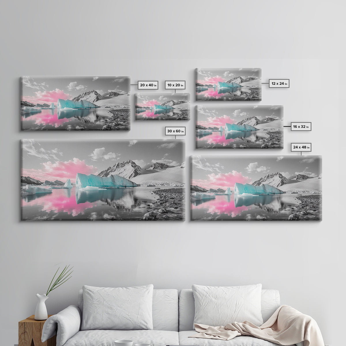 Blue Icebergs, Pink Sky, Glacial Lake, Arctic Dreamscape – Canvas Print, Nature Photography Art, Bedroom Wall Art, Serene Winter Decor