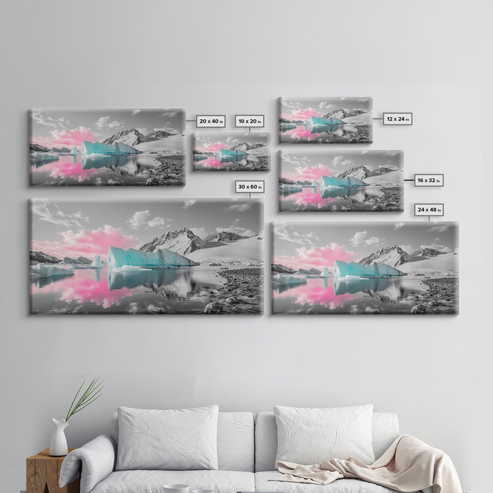 Blue Icebergs, Pink Sky, Glacial Lake, Arctic Dreamscape – Canvas Print, Nature Photography Art, Bedroom Wall Art, Serene Winter Decor