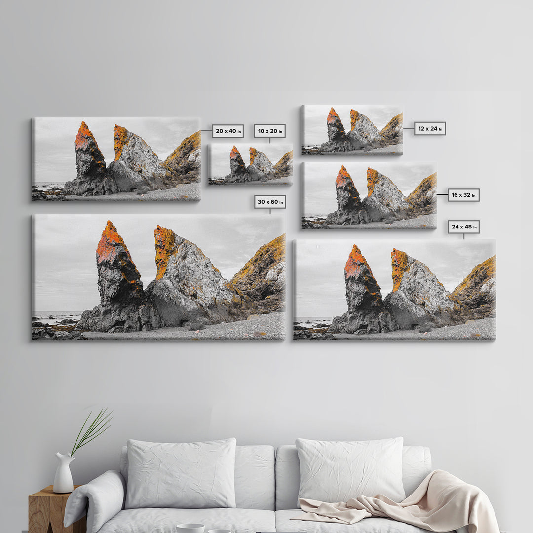 Rocky Cliffs, Orange Moss, Ocean Landscape, Coastal Vibe – Framed Canvas Print, Nature Wall Art, Fall Inspired Decor, Bathroom or Hallway