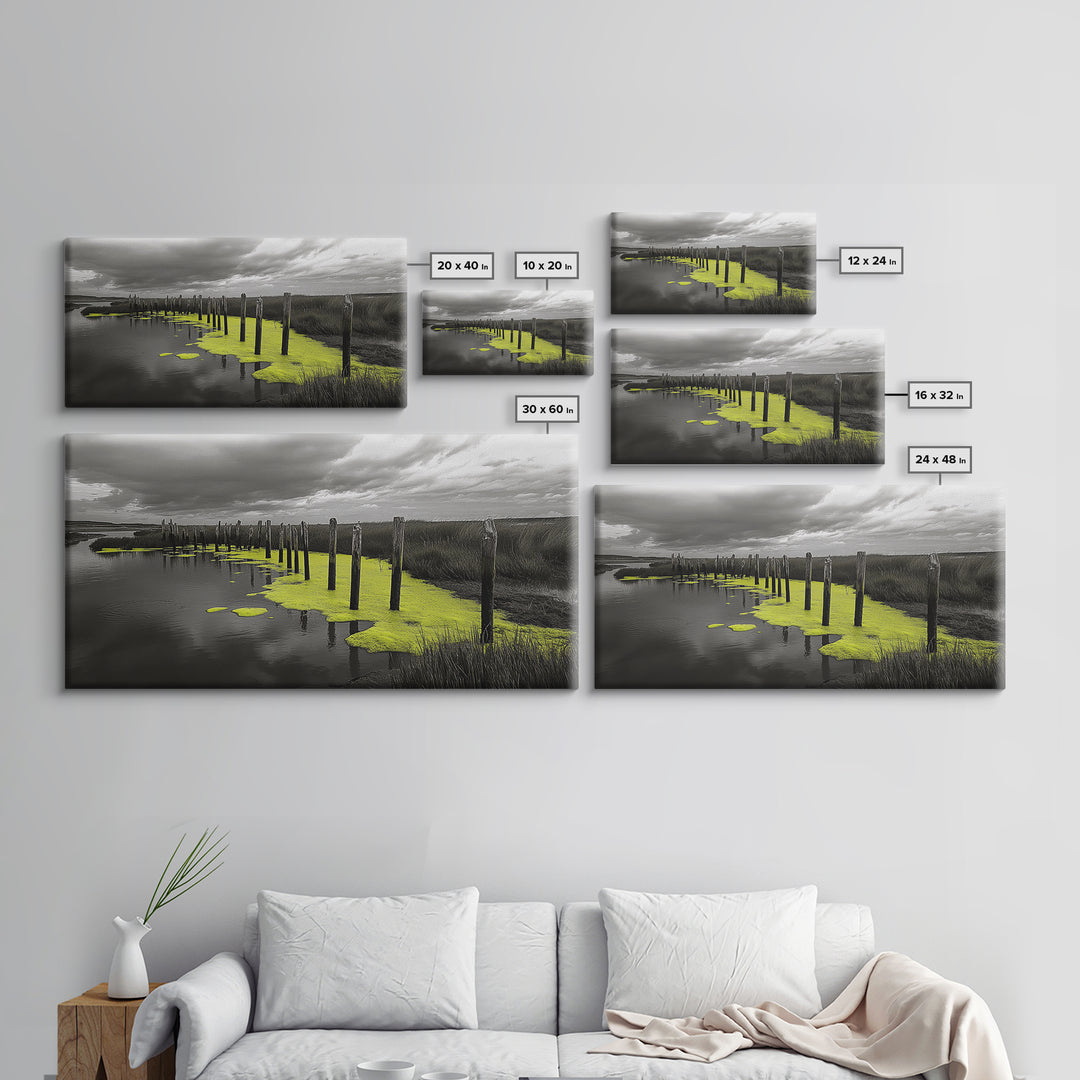 Coastal Marsh, Minimalist Nature, Black and White Art, Modern Decor, Framed Canvas Print, Bathroom Wall Art, Yellow Accents, Serene Mood