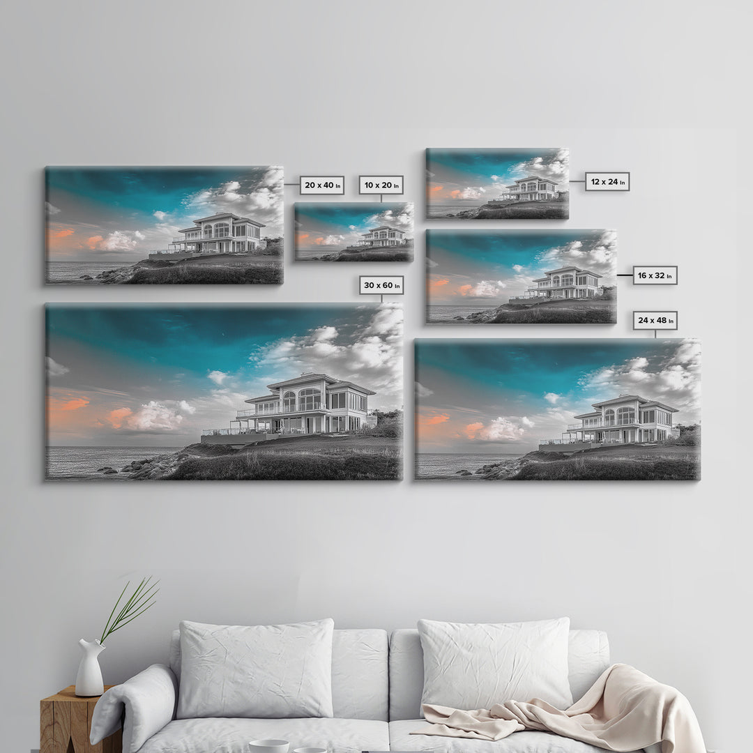 Beach House, Coastal Sunset, Ocean View, Framed Canvas Print, Modern Coastal Decor, Living Room Art, Ocean Sky Photography