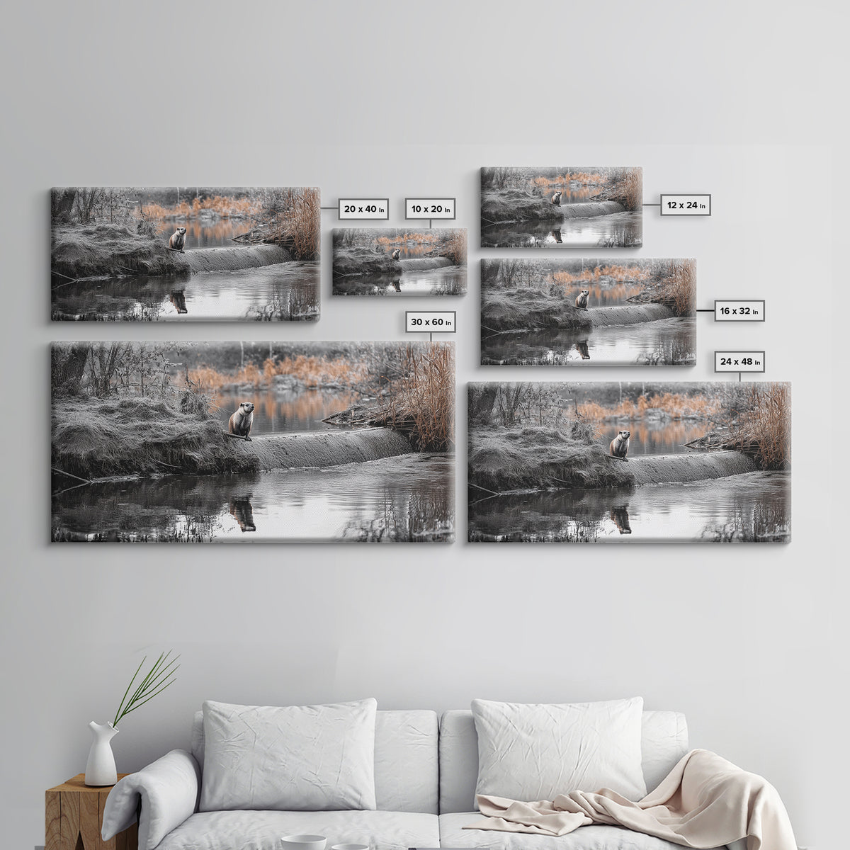 River Otter View, Wildlife Scene, Autumn Nature, Moody Landscape, Framed Canvas Print, Cabin Decor, Animal Wall Art, Woodland Aesthetic