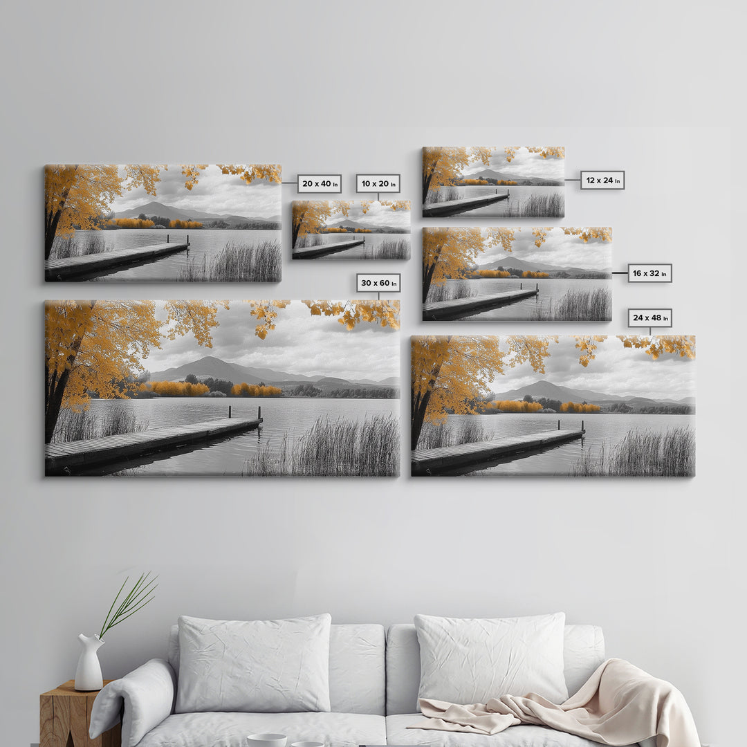 Autumn Lake, Golden Trees, Mountain Calm, Rustic Dock, Framed Canvas Print, Fall Living Room Art, Nature Landscape, Tranquil Cabin Decor