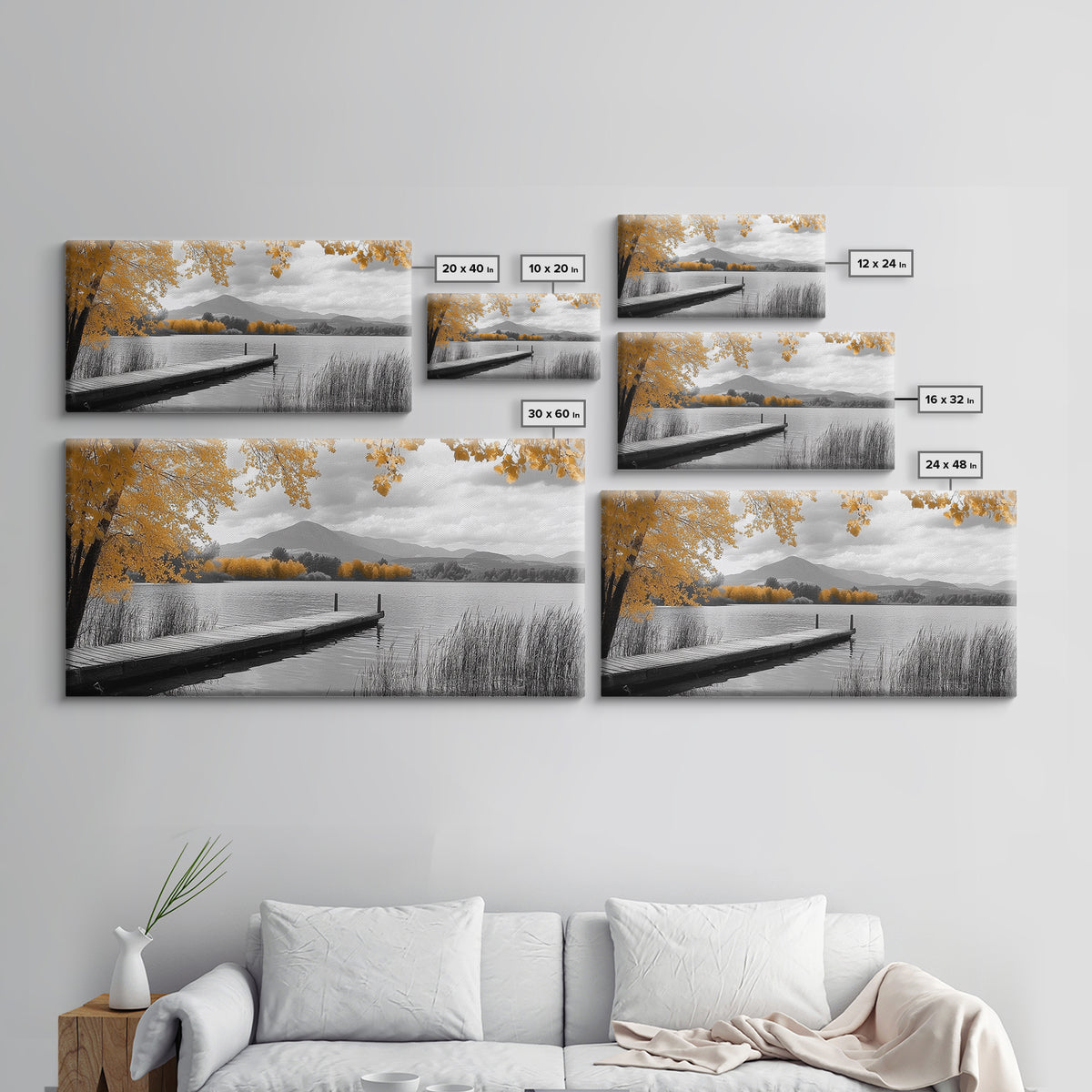 Autumn Lake, Golden Trees, Mountain Calm, Rustic Dock, Framed Canvas Print, Fall Living Room Art, Nature Landscape, Tranquil Cabin Decor