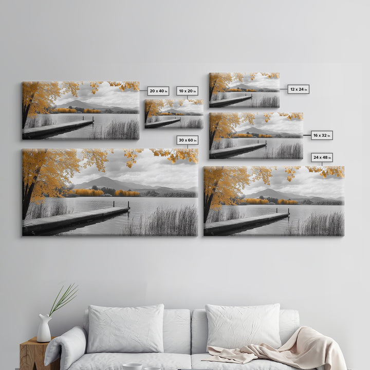 Autumn Lake, Golden Trees, Mountain Calm, Rustic Dock, Framed Canvas Print, Fall Living Room Art, Nature Landscape, Tranquil Cabin Decor