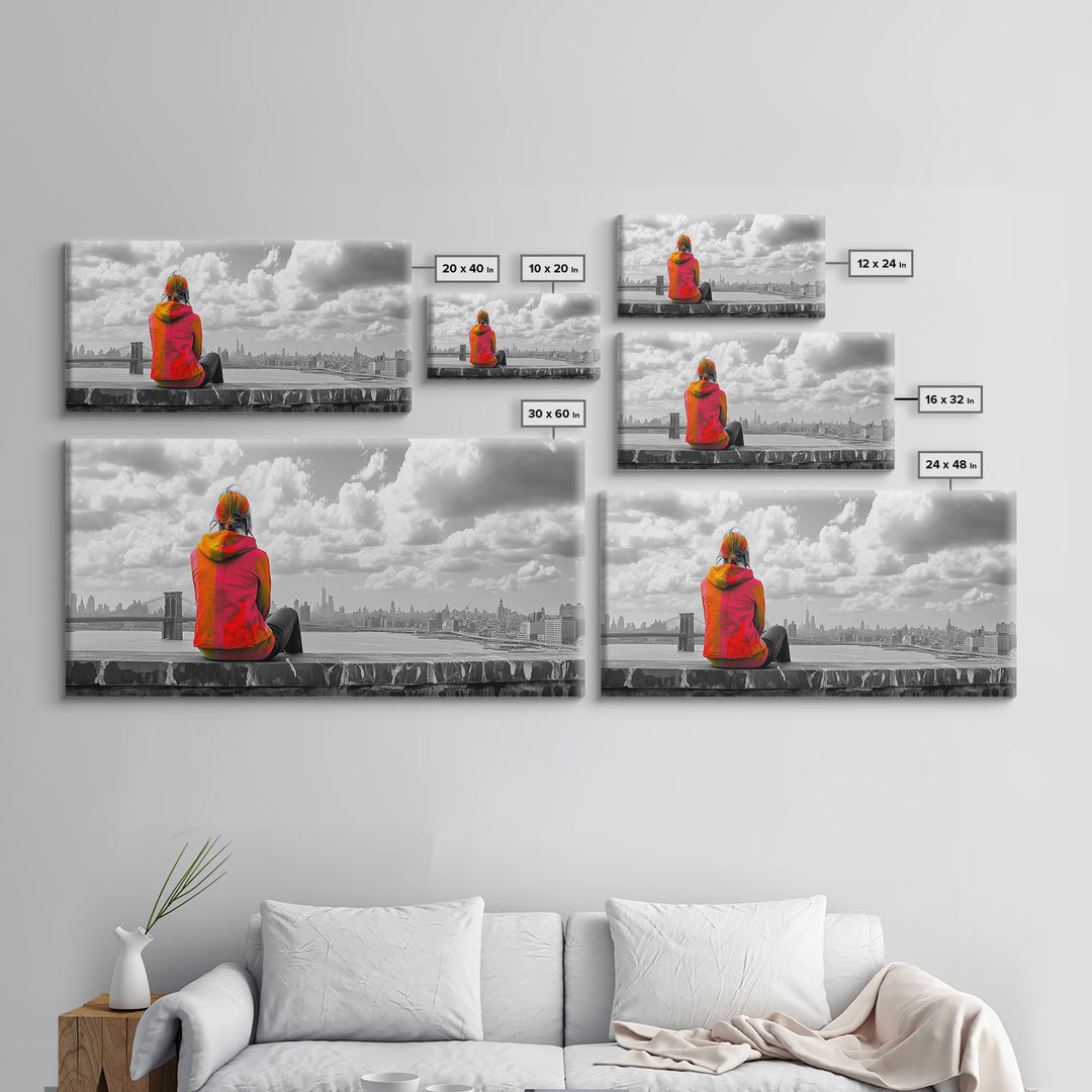 Rooftop View, Urban Woman, Brooklyn Bridge, Reflective Mood, Framed Canvas Print, Modern City Wall Art, Inspirational Office Decor