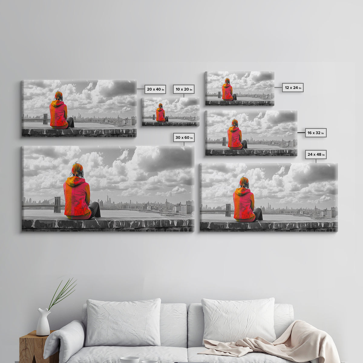 Rooftop View, Urban Woman, Brooklyn Bridge, Reflective Mood, Framed Canvas Print, Modern City Wall Art, Inspirational Office Decor