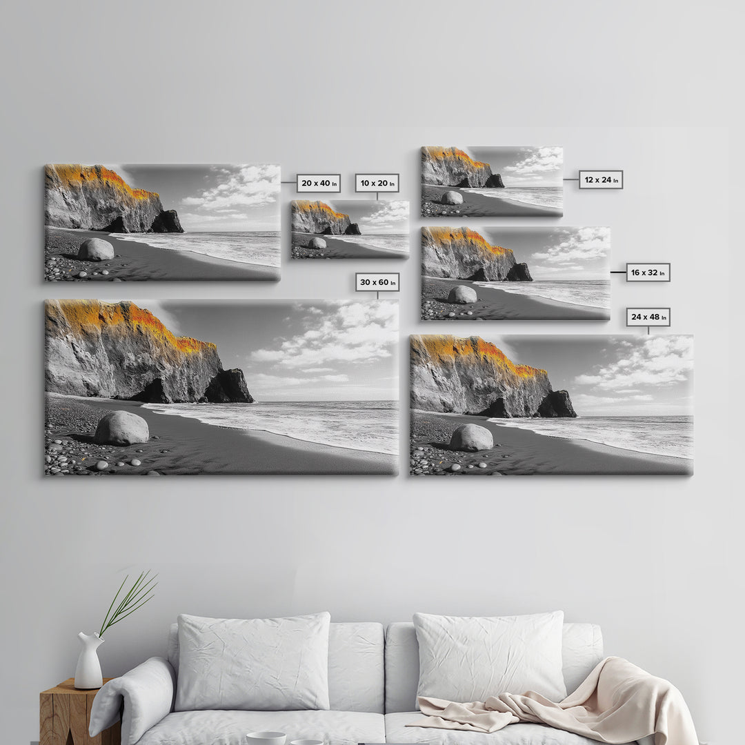 Coastal Cliff View, Monochrome Shore, Bold Nature Scene, Framed Canvas Print, Beach Wall Art, Dramatic Landscape, Modern Office Decor