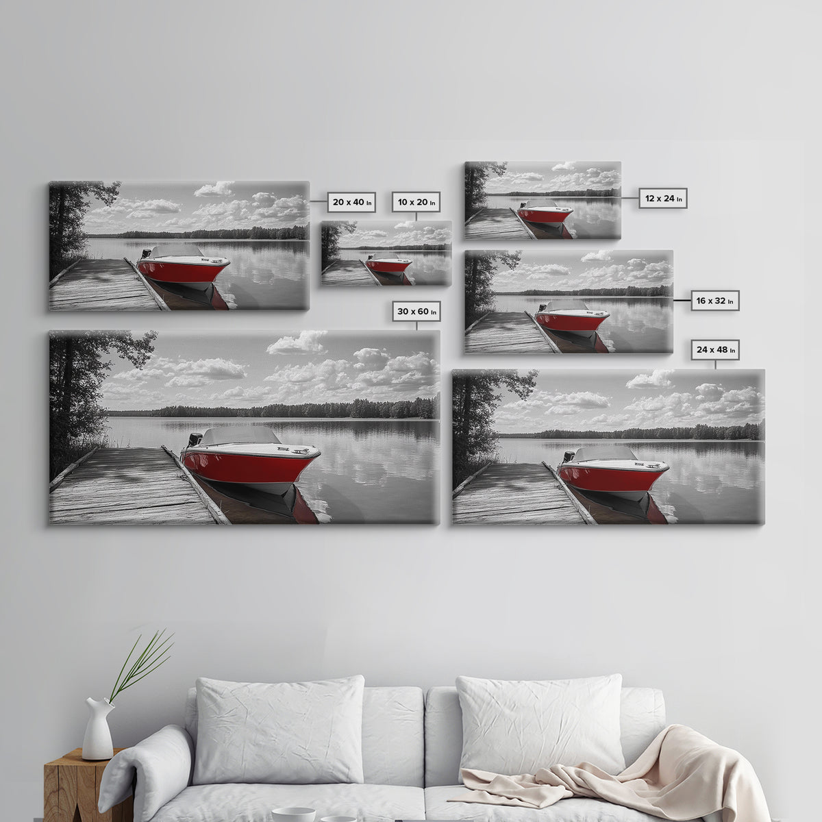 Rustic Boathouse, Red Canoe, Lake Reflection, Tranquil Nature, Framed Canvas Print, Cabin Wall Art, Autumn Lake House Decor