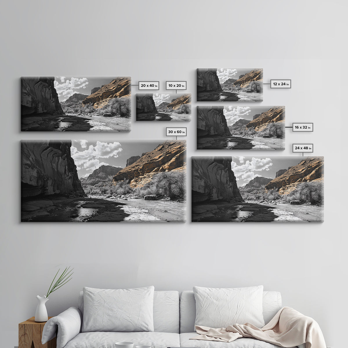 Desert Canyon, River Shadows, Rock Formations, Wild Terrain, Framed Canvas Print, Nature Wall Art, Earth Tone Decor, Living Room Style