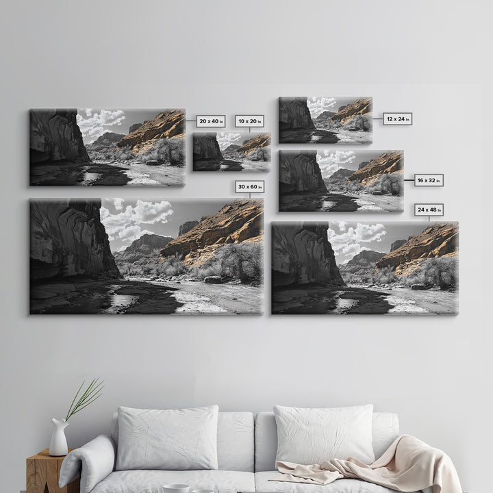 Desert Canyon, River Shadows, Rock Formations, Wild Terrain, Framed Canvas Print, Nature Wall Art, Earth Tone Decor, Living Room Style