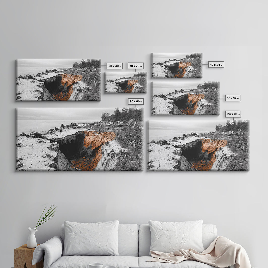 Coastal Cliff, Erosion Edge, Rugged Shoreline, Ocean Mystery, Framed Canvas Print, Modern Nature Wall Art, Earthy Office Decor, Beach Mood