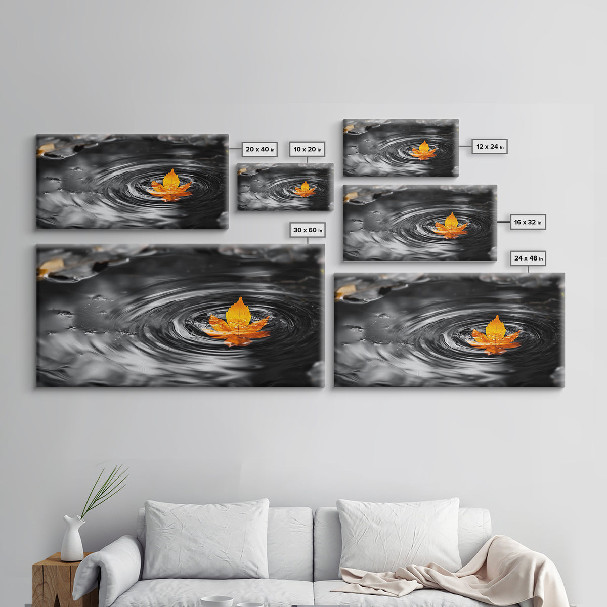 Autumn Leaf Ripple, Nature Zen Moment, Framed Canvas Print, Fall Wall Decor, Minimalist Art, Bathroom or Spa Wall Art, Peaceful Vibe