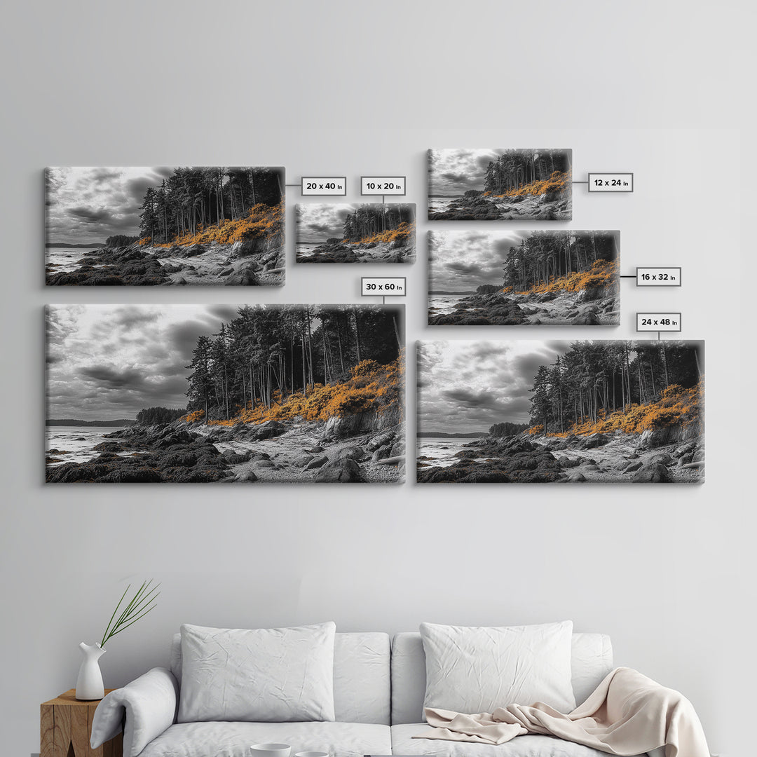 Autumn Coastline, Orange Forest Edge, Framed Canvas Print, Coastal Nature Art, Fall Wall Decor, Rustic Living Room Style, Moody Sky