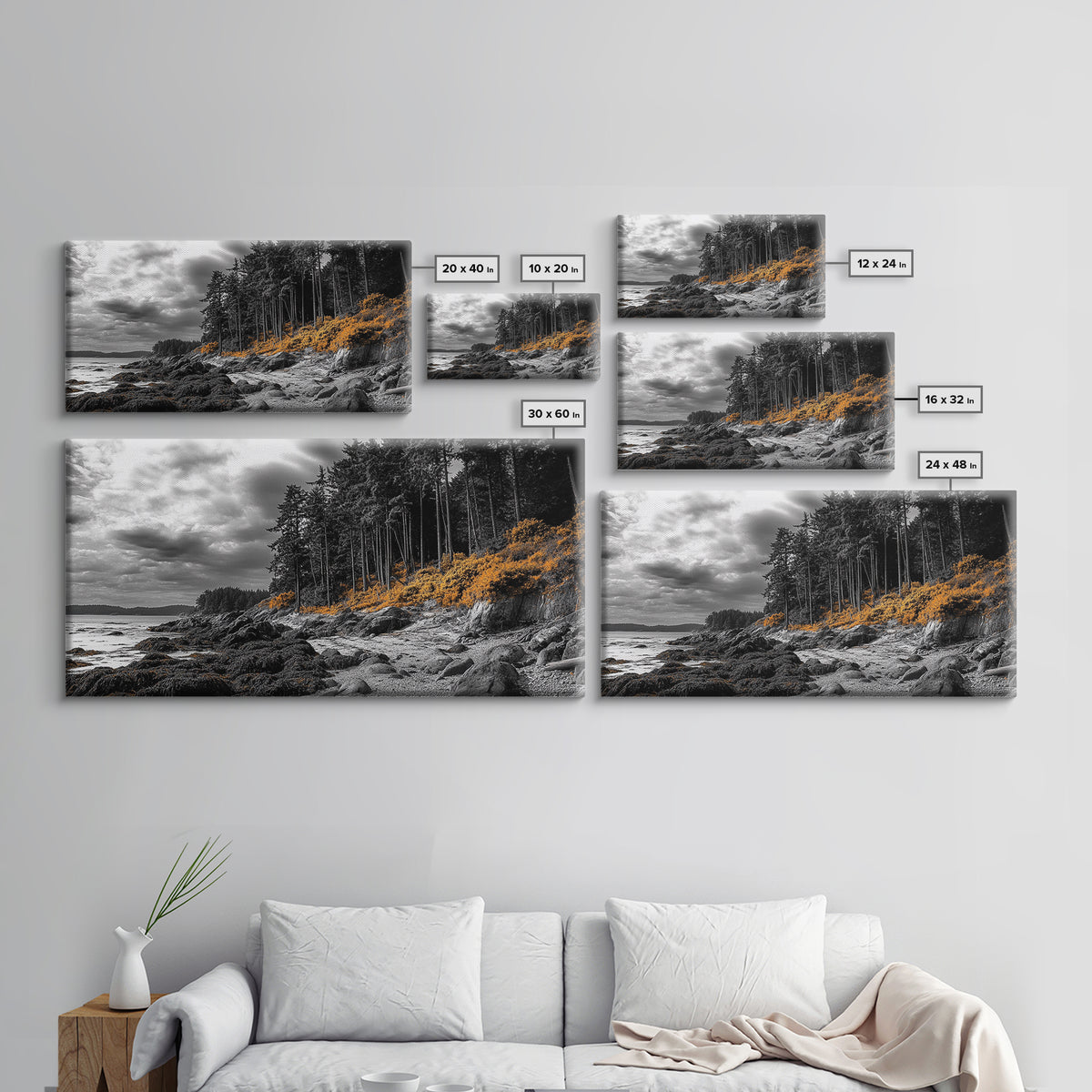 Autumn Coastline, Orange Forest Edge, Framed Canvas Print, Coastal Nature Art, Fall Wall Decor, Rustic Living Room Style, Moody Sky