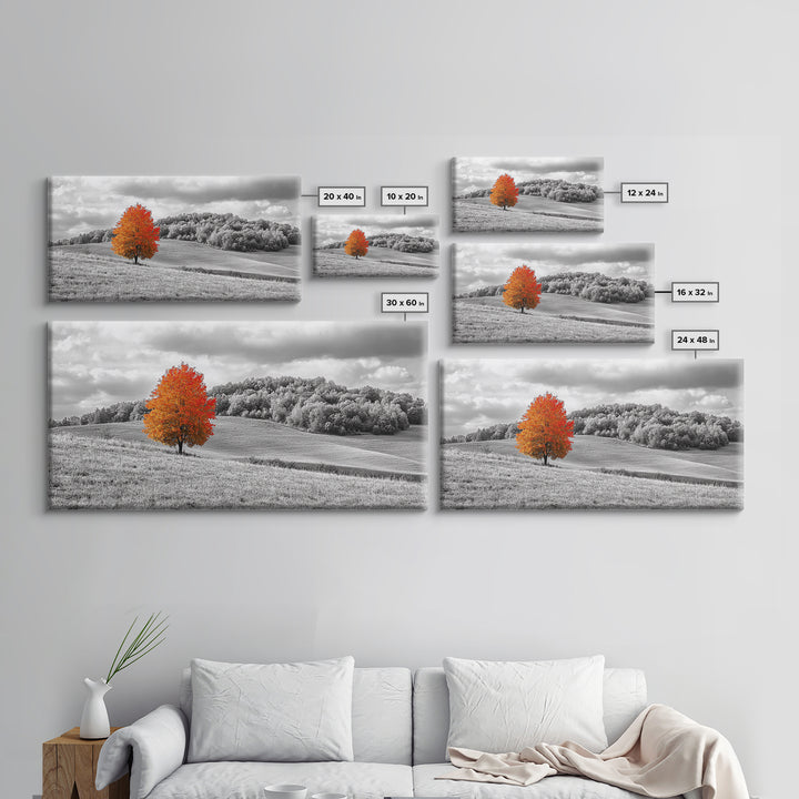 Autumn Tree, Rolling Hills, Minimalist Landscape, Fall Decor, Framed Canvas Print, Office Wall Art, Vibrant Red Orange Tree Scene