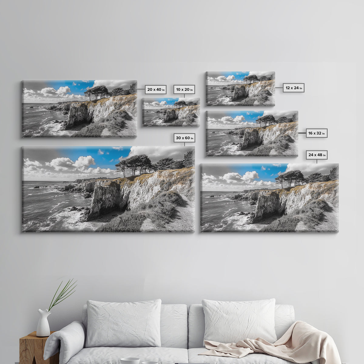 Coastal View, Cliffside Trees, Ocean Horizon, Nature Escape, Canvas Print perfect coastal wall art, minimalist home decor, bathroom art