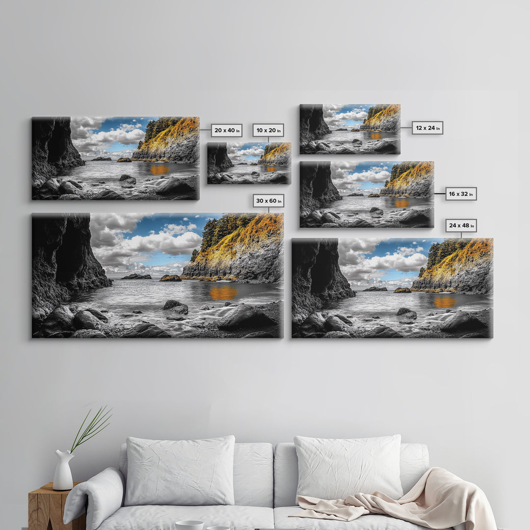 Rocky Cove, Coastal Escape, Golden Hillside, Ocean View, Canvas Print boho coastal art, fall themed decor, living room wall piece