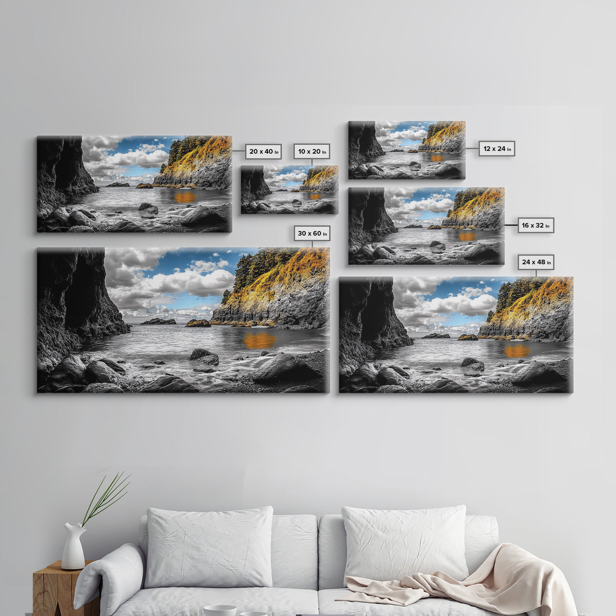 Rocky Cove, Coastal Escape, Golden Hillside, Ocean View, Canvas Print boho coastal art, fall themed decor, living room wall piece