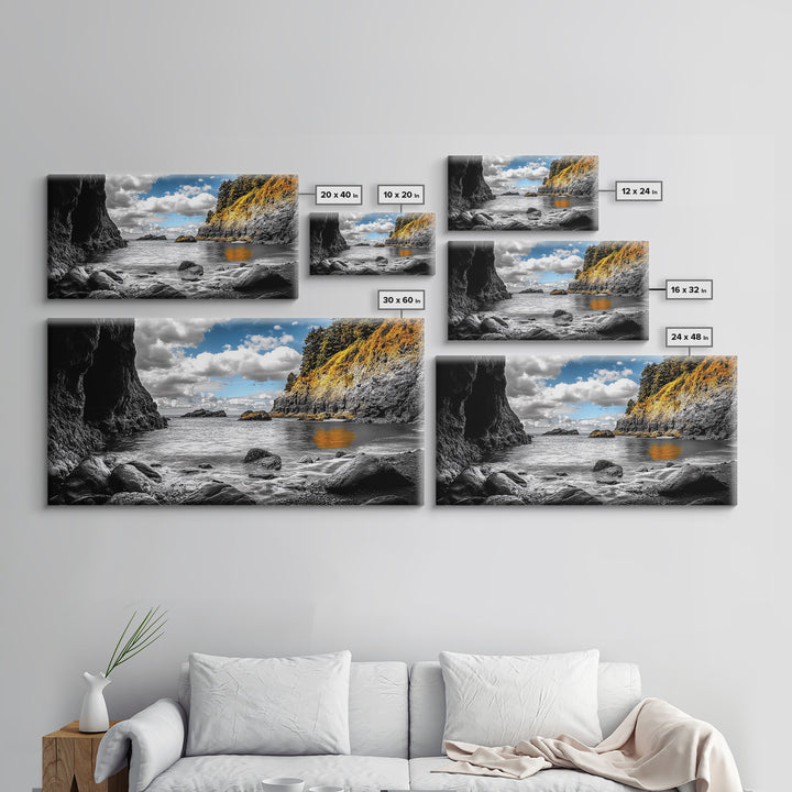 Rocky Cove, Coastal Escape, Golden Hillside, Ocean View, Canvas Print boho coastal art, fall themed decor, living room wall piece