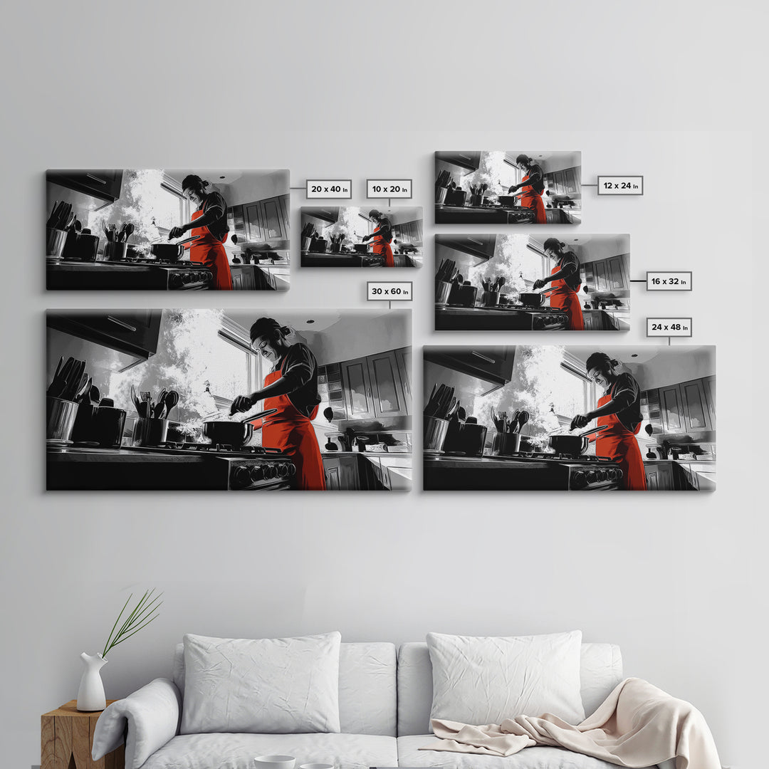Bold Cooking Moment, Artistic Kitchen Scene, Red Apron Chef, Steam and Light, Framed Canvas Print, Kitchen Wall Art, Modern Pop Style