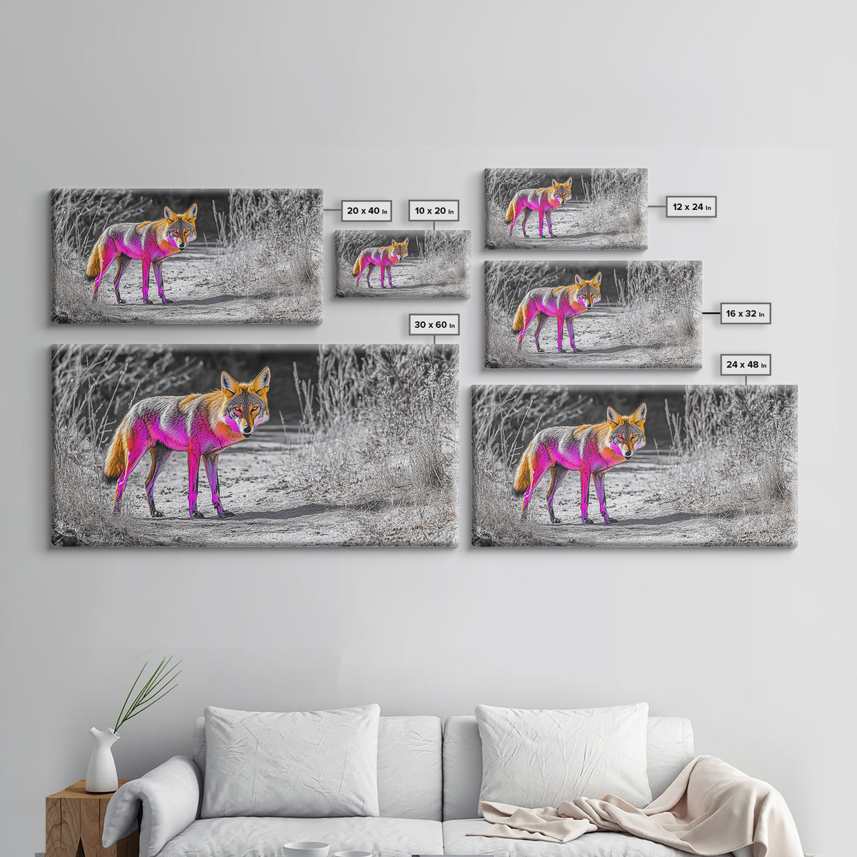 Neon Fox Portrait, Vibrant Wildlife Path Scene, Bright Nature Animal, Framed Canvas Print, Bedroom Wall Art, Psychedelic Animal Style