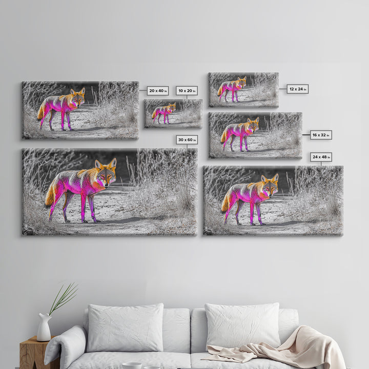 Neon Fox Portrait, Vibrant Wildlife Path Scene, Bright Nature Animal, Framed Canvas Print, Bedroom Wall Art, Psychedelic Animal Style