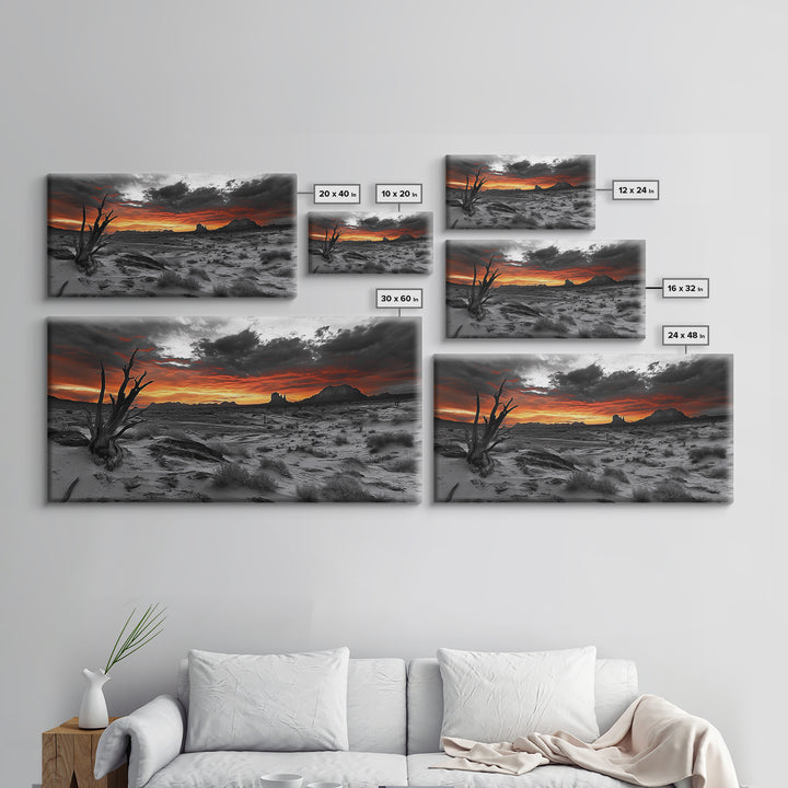 Desert Sunset, Red Sky, Monochrome Sand, Framed Canvas Print, Southwest Wall Art, Boho Bedroom Decor, Dramatic Nature Photography
