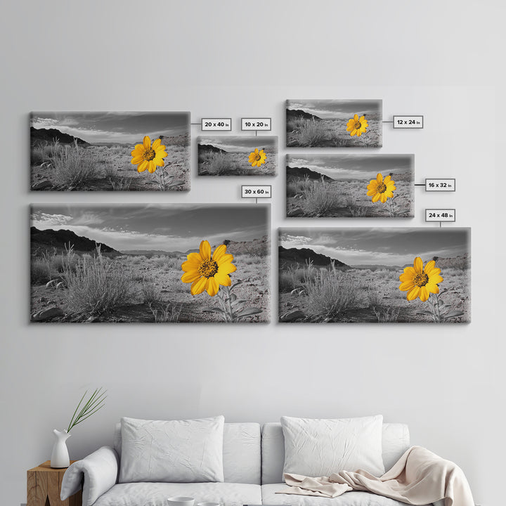 Yellow Flower, Desert Bloom, Monochrome Landscape, Canvas Print, Botanical Wall Art, Minimalist Nature Decor, Modern Kitchen Accent