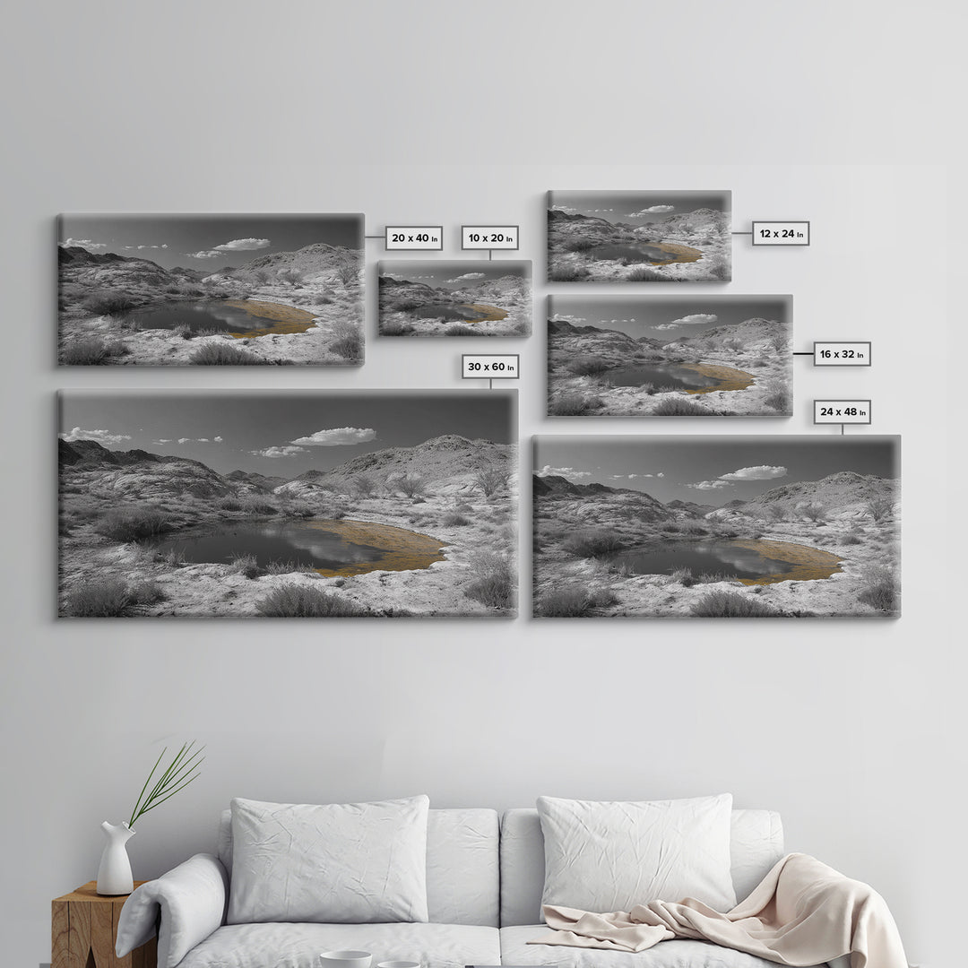 Desert Pool, Yellow Reflection, Desert Hills, Framed Canvas Print, Minimalist Nature Art, Neutral Home Decor, Modern Office Wall Art