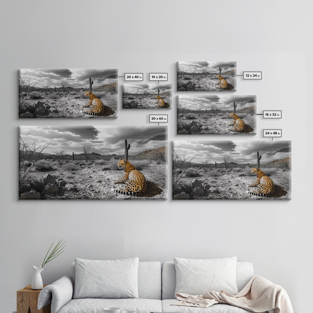 Cheetah Desert, Wild Cat, Monochrome Landscape, Framed Canvas Print, Safari Wall Art, Animal Lover Decor, Masculine Office Artwork