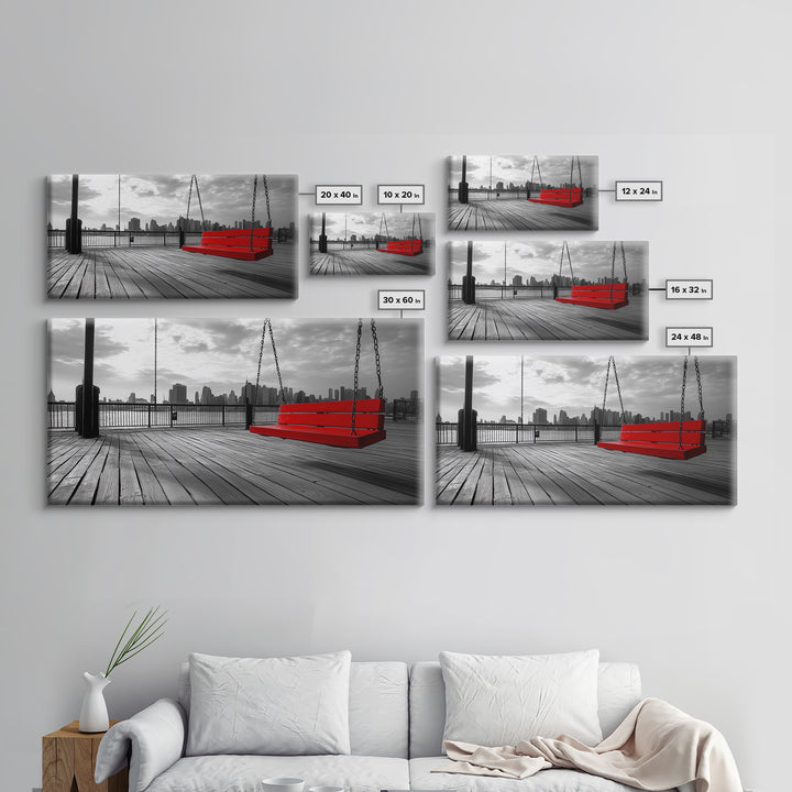 Red Swing, Skyline View, Urban Romance, Canvas Print, Cityscape Wall Art, Modern Minimalist Decor, Contemporary Bedroom Accent