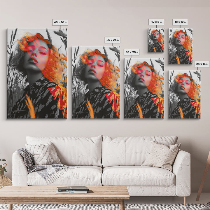 Surreal Woman, Field Portrait, Neon Face Art, Framed Canvas Print, Bold Feminine Wall Art, Bedroom Decor, Modern Pop Art Print