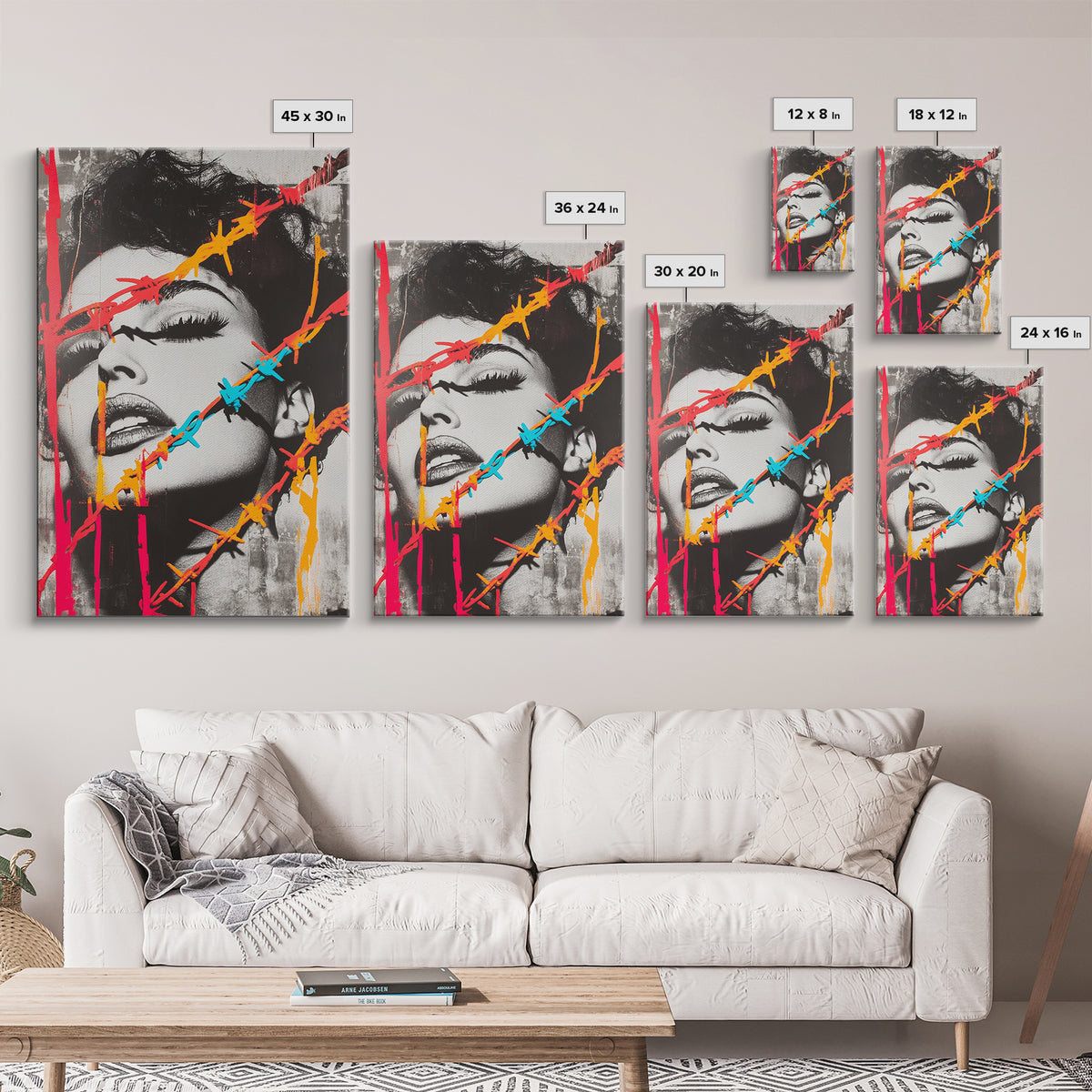 Neon Barbed Beauty, Graffiti Glam, Bold Portrait, Framed Canvas Print, Urban Wall Art, Edgy Bedroom Decor, Pop Art Style Statement