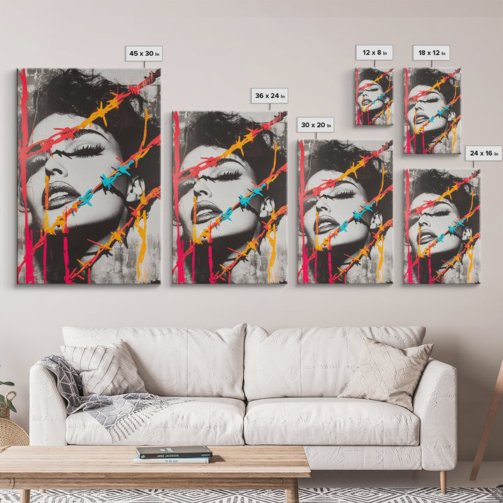 Neon Barbed Beauty, Graffiti Glam, Bold Portrait, Framed Canvas Print, Urban Wall Art, Edgy Bedroom Decor, Pop Art Style Statement