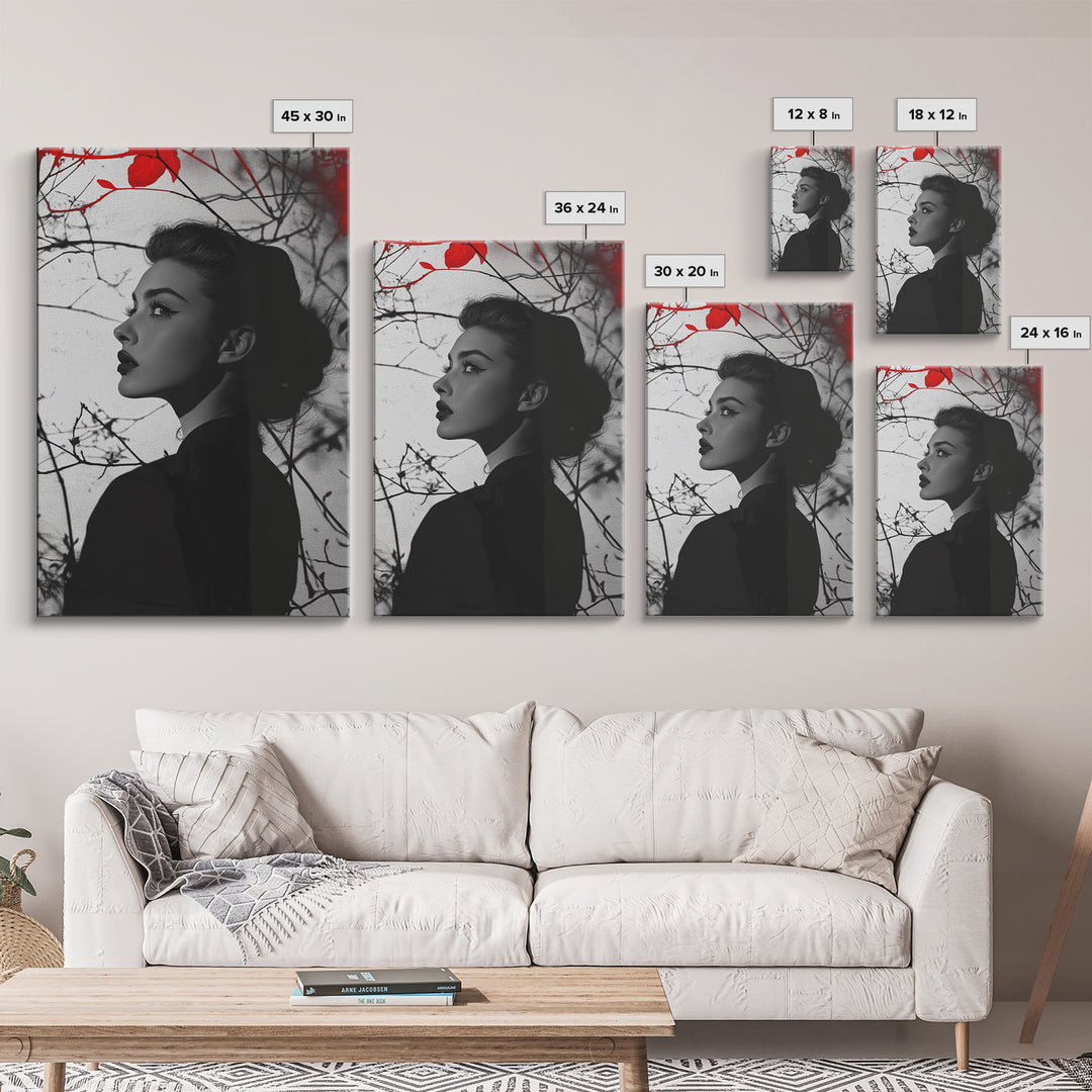 Noir Beauty, Red Accent Leaves, Dramatic Woman Profile, Framed Canvas Print, Glamour Wall Art, Gothic Bedroom Decor, Monochrome Style