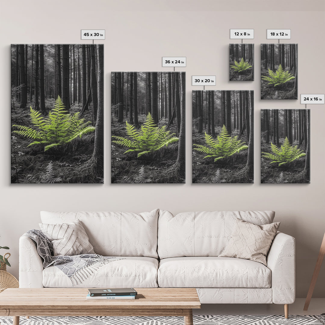 Green Fern, Forest Focus, Lush Nature, Woodland Light, Framed Canvas Print, Botanical Wall Art, Bedroom Decor, Minimalist Plant Art