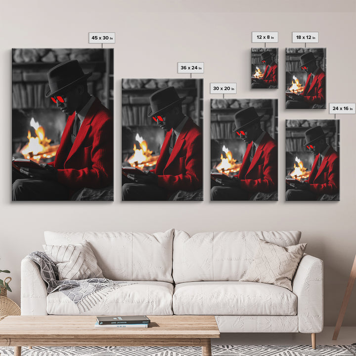Red Jacket, Reading Firelight, Cozy Vibes, Stylish Man, Framed Canvas Print, Fall Wall Art, Office Decor, Modern Masculine Art