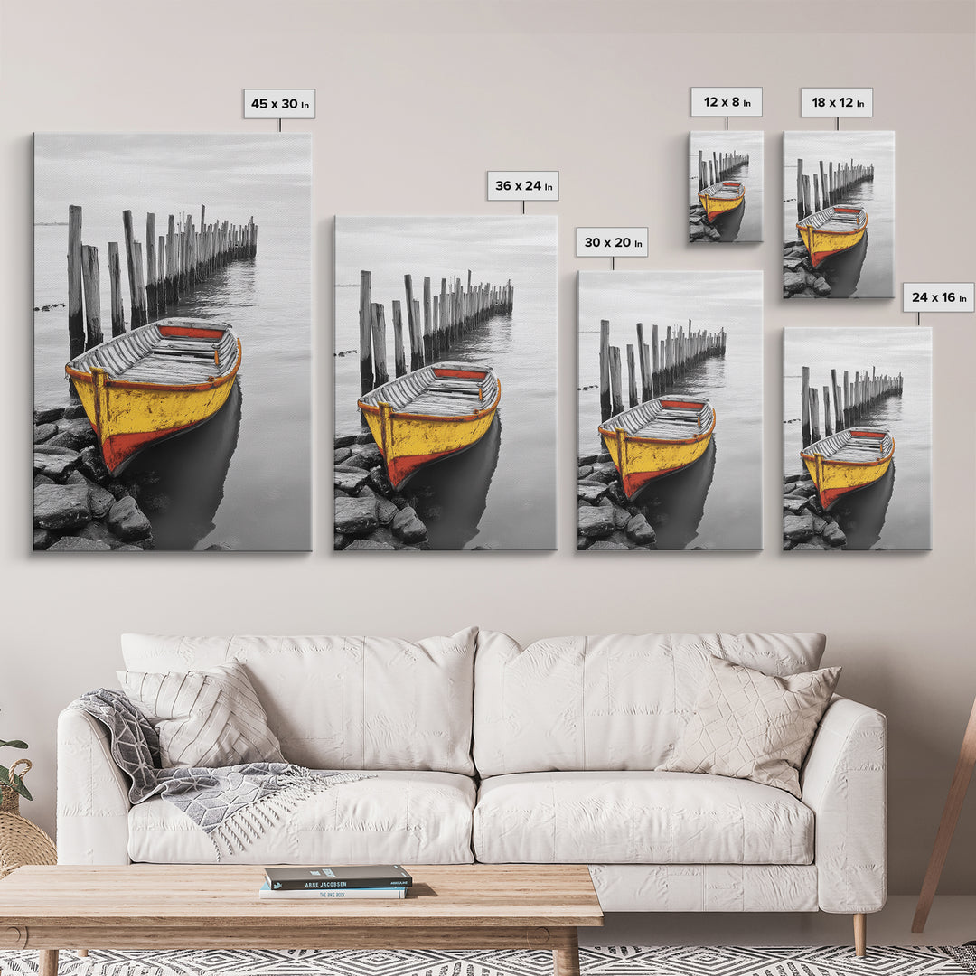 Yellow Rowboat, Coastal Mood, Pier View, Nautical Nostalgia, Framed Canvas Print, Beach House Wall Art, Rustic Seaside Decor