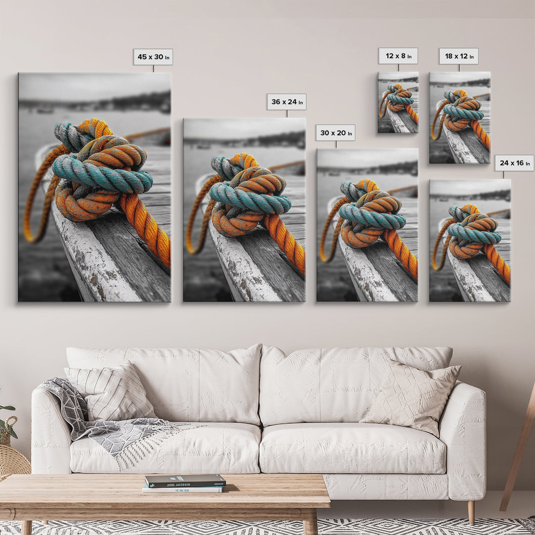 Nautical Rope, Boat Knot, Harbor Texture, Rustic Detail, Framed Canvas Print, Coastal Kitchen Art, Marine Decor, Boho Nautical Style