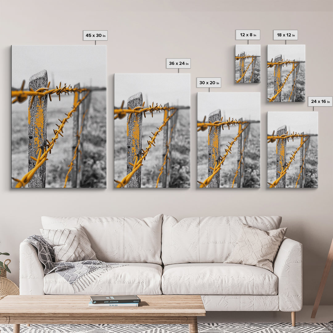 Yellow Fence Wire, Rustic Barbed Wire, Country Fence, Framed Canvas Print, Farmhouse Wall Art, Minimalist Rustic Home Decor