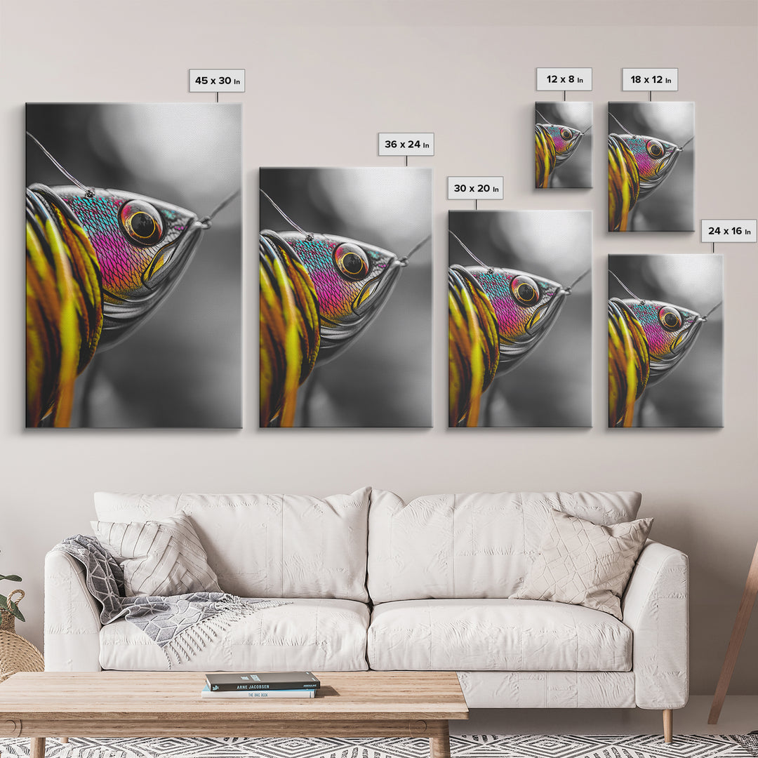 Colorful Lure, Fishing Hook, Bold Scales, Rainbow Detail, Framed Canvas Print, Man Cave Art, Fishing Decor, Vibrant Realism Wall Art