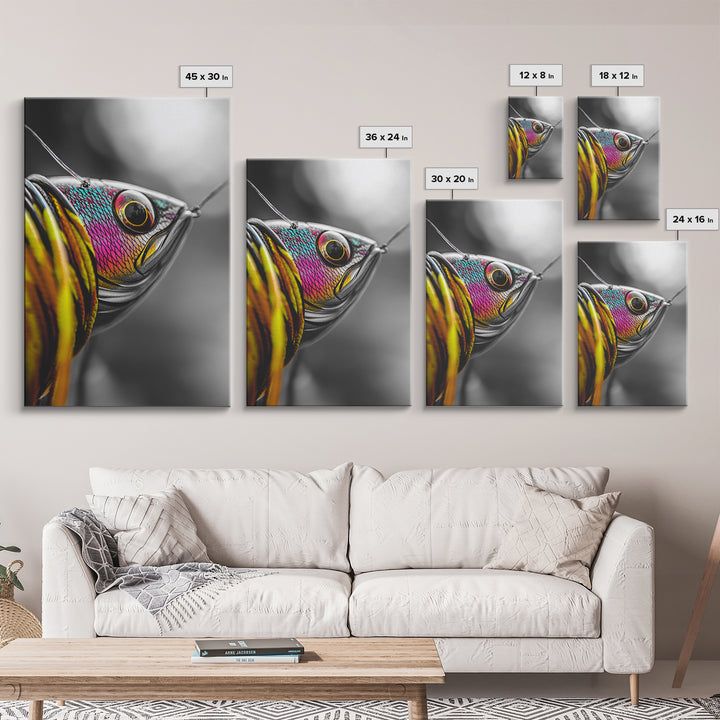 Colorful Lure, Fishing Hook, Bold Scales, Rainbow Detail, Framed Canvas Print, Man Cave Art, Fishing Decor, Vibrant Realism Wall Art
