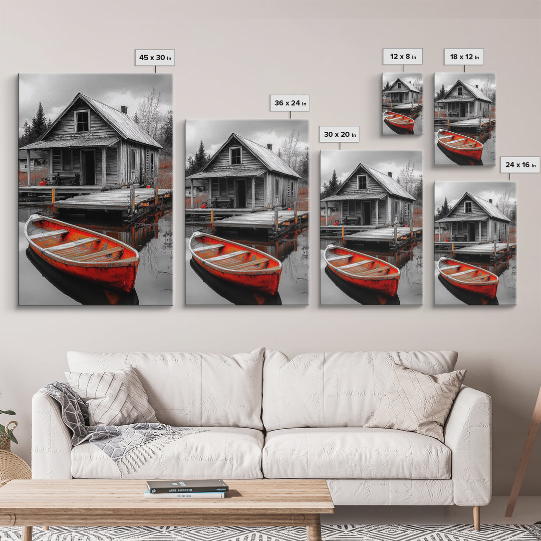 Cabin Reflection, Rustic Rowboat, Autumn Red, Lake Dock, Canvas Print, Fall Wall Art, Country Home Decor, Rustic Landscape, Lodge Style Art