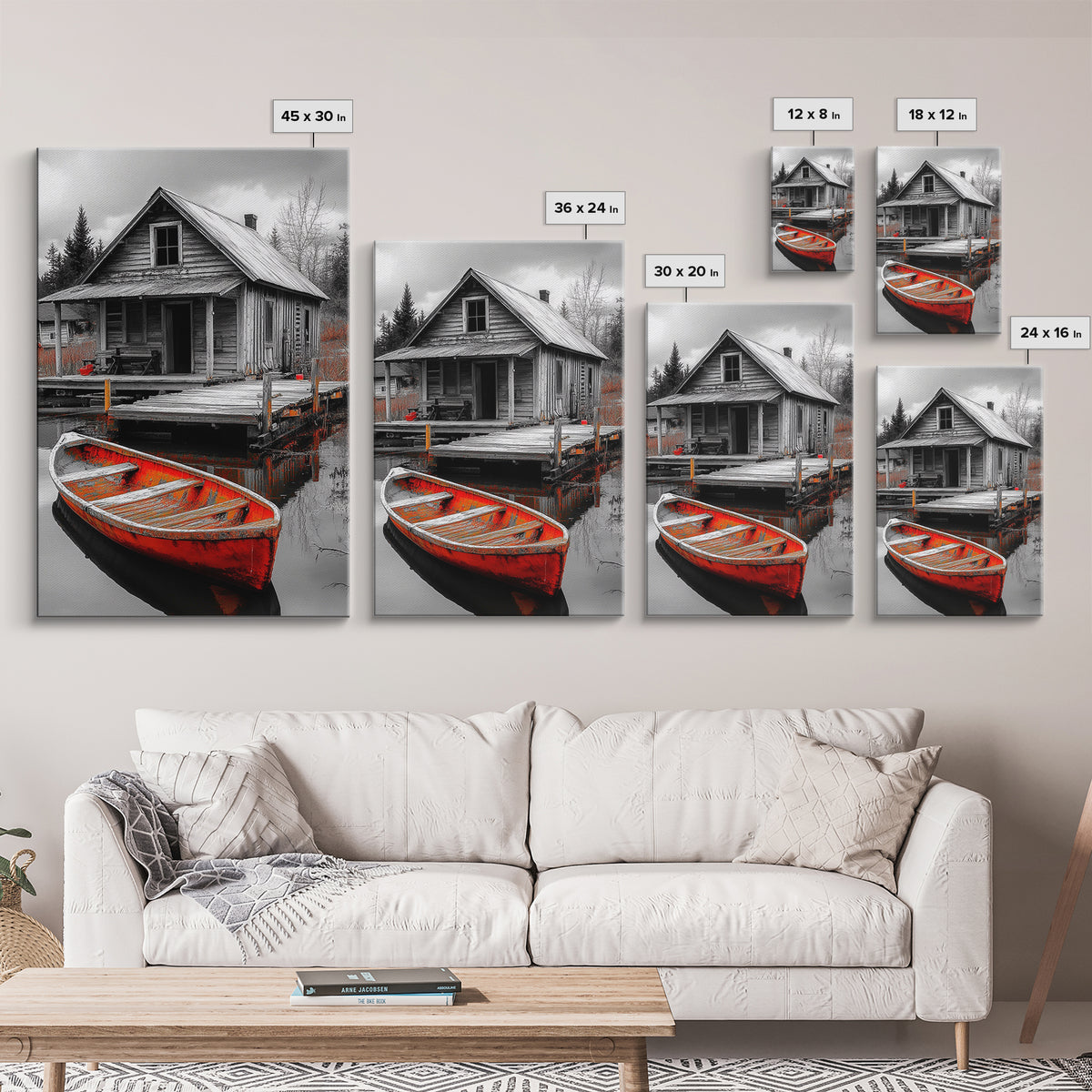 Cabin Reflection, Rustic Rowboat, Autumn Red, Lake Dock, Canvas Print, Fall Wall Art, Country Home Decor, Rustic Landscape, Lodge Style Art